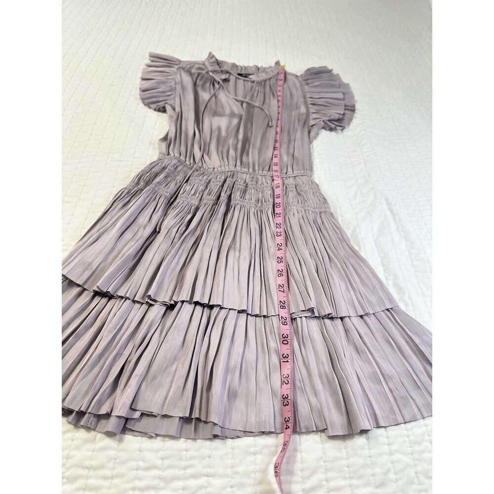 RESET by Jane Ruffle Smocked Tiered Mini Dress Pleated Satin Size M Lavender - Picture 5 of 14